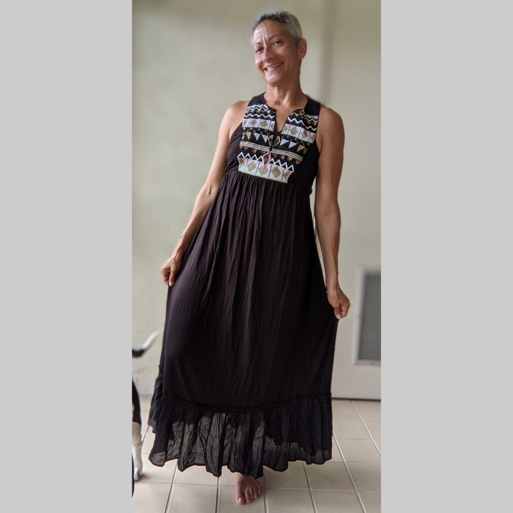 Black Summer Racerback Embroidered Maxi Dress
